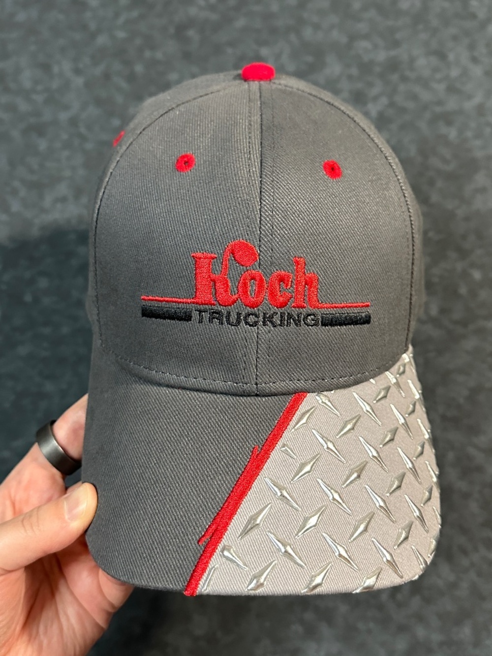 New Koch Trucking Gray Hat Cap with Silver Diamond Plate Detail
